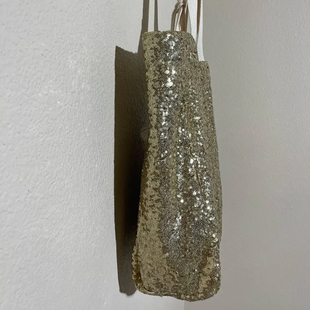 Anthropologie JadeTribe Gold Sequin Tote with Cream Tassels - Picture 3 of 8